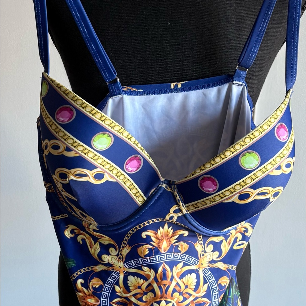 Elegant Blue and Gold Women's One Piece Swimsuit
